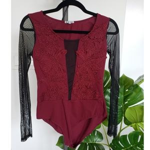 Maroon Mesh Floral Bodysuit